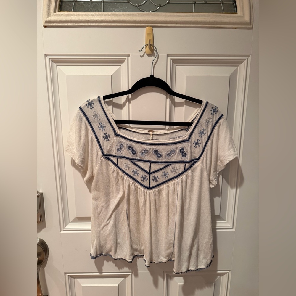 Free People White and Blue Embroidered Blouse